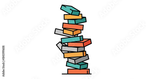 an unstable stack of colorful rectangular blocks balancing precariously on a white background illustrating concepts of risk management business challenges and instability.