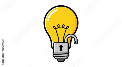 an open padlock on a bright light bulb metaphorically represents an unlocked idea symbolizing creative freedom innovation and problem-solving.