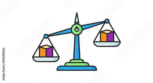 balance scale illustrating imbalance with colorful weighted boxes on pans symbolizing comparison justice and critical decision making.