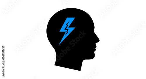 black human head silhouette with blue lightning bolt symbolizing powerful ideas sudden inspiration and brain power concepts.