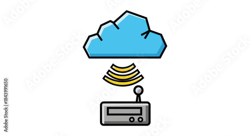 blue cloud icon wirelessly transmitting data to a network router symbolizing cloud computing data transfer and internet of things communication.