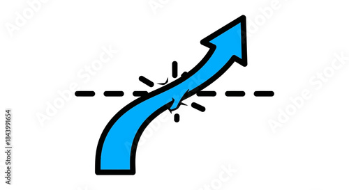 blue arrow breaking through a dashed line symbolizing overcoming challenges achieving breakthrough and upward progress ideal for business success visualization.