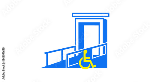 blue graphic icon of a building entrance with a yellow wheelchair accessible ramp symbolizing universal design and disability.