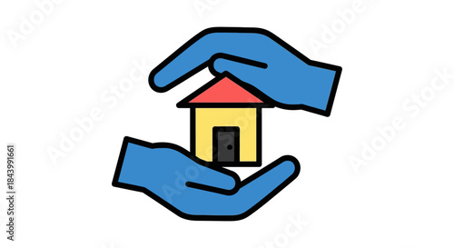 blue hands cupping a small house symbolizing home protection real estate security and property investment concepts.