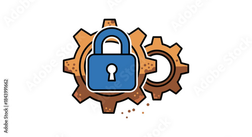blue padlock securing brown gears symbolizing robust digital security and system protection for cybersecurity and industrial safety concepts