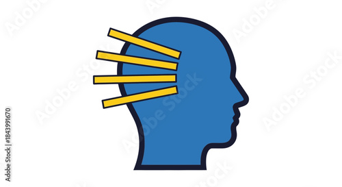 blue human head profile with yellow bars symbolizing mental activity cognitive processes and information input or new ideas.