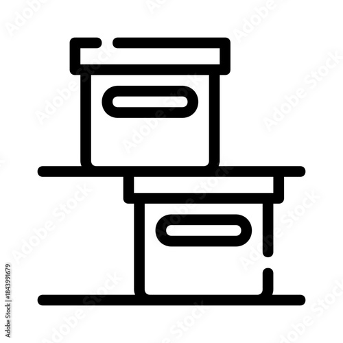 Two boxes on shelves represent storage organizing and decluttering concepts. Suitable for lifestyle blogs, home improvement articles, and professional organizing services.
