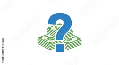 blue question mark icon on stacks of green money symbolizing financial uncertainty investment economic challenges cost analysis and budget planning for business.