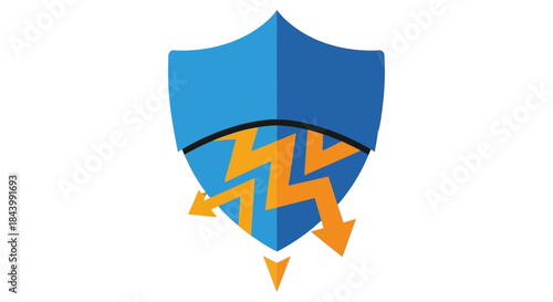 blue shield protecting against orange lightning bolts symbolizing cyber security data defense and power surge protection.