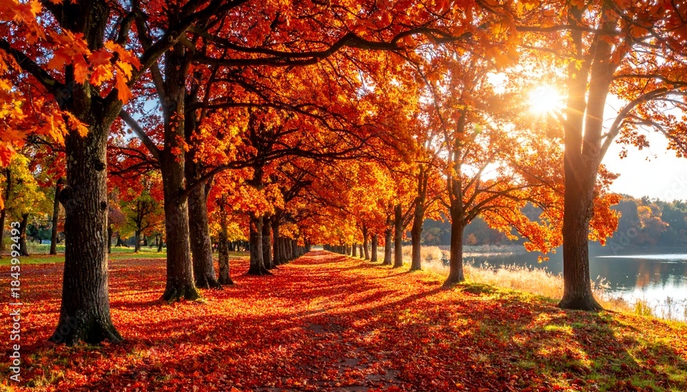 Fototapeta premium Autumnal Splendor - A Path Lined with Trees in Vibrant Fall Colors.