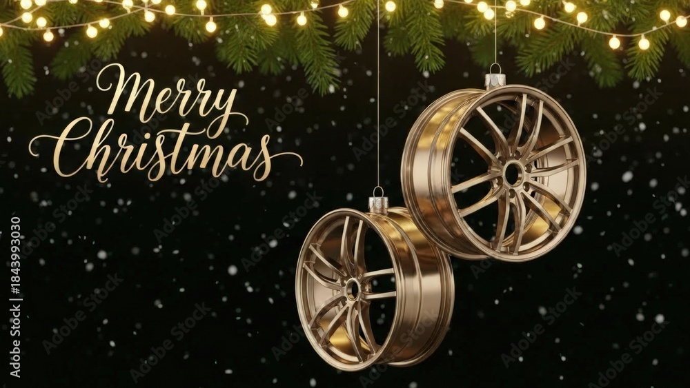 Fototapeta premium Christmas decorations in an auto shop with golden wheels hanging. Festive lights and a snowy background create a holiday atmosphere for car service.