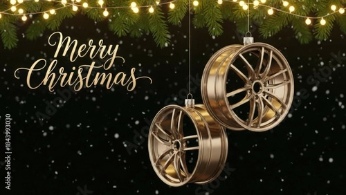Christmas decorations in an auto shop with golden wheels hanging. Festive lights and a snowy background create a holiday atmosphere for car service.