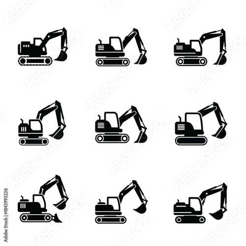 Construction Excavator Silhouette Icon Set