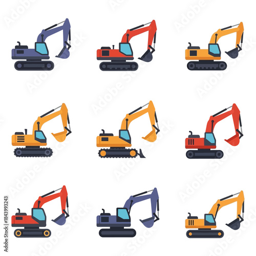 Construction Excavator Machine Icon Collection