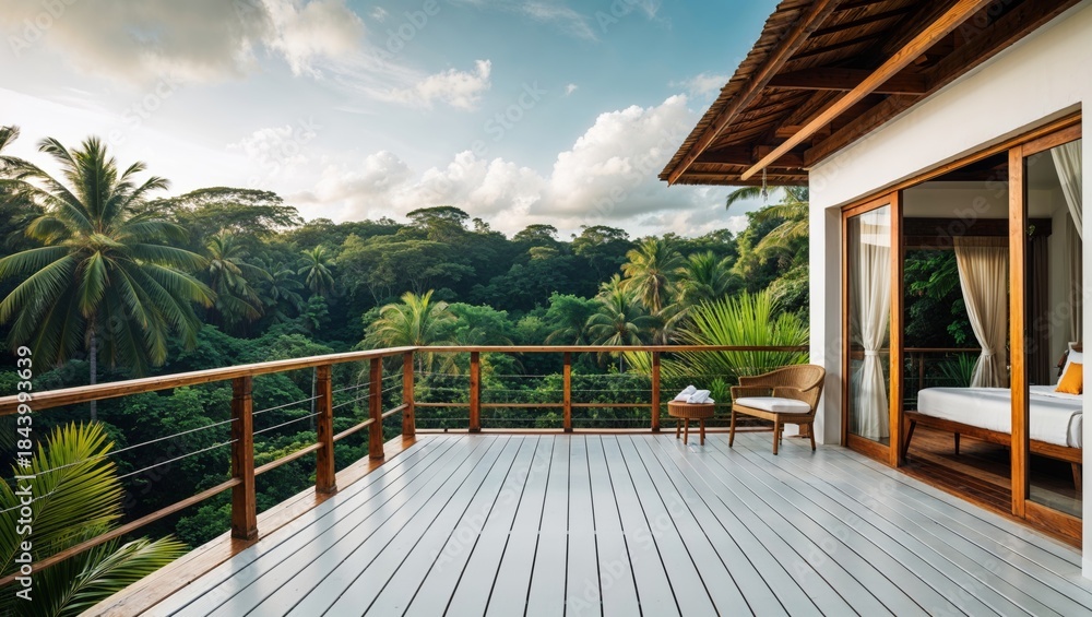 Fototapeta premium Luxury tropical villa balcony with jungle view and comfortable seating