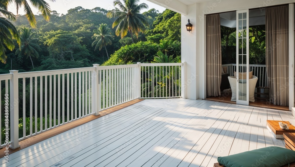 Fototapeta premium Luxury balcony with tropical jungle view and outdoor bathtub