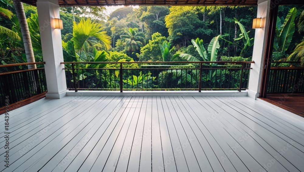 Fototapeta premium Balcony overlooking lush tropical rainforest with vibrant green foliage and palm trees