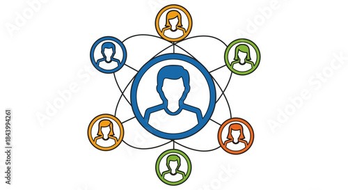 central person linked to diverse social network members illustrating teamwork community and professional business relationships.