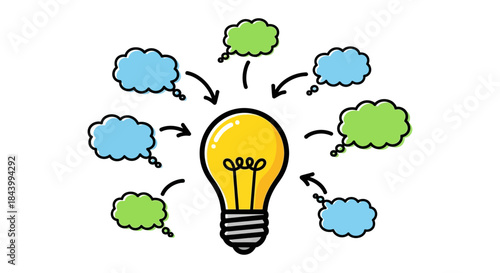 brainstorming ideas converging into a light bulb symbolizing creative problem-solving innovation and strategic development.
