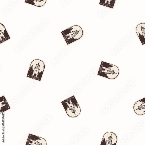 Christian pilgrimage church hand drawn seamless vector pattern. Religious santiago de compostela illustration for background. All over print of pilgrim motif. 