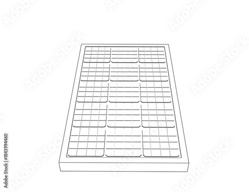Detailed Outline Vector Blueprint Illustration of Solar Panel Module: Black and White Wireframe Technical Drawing for Sustainable Energy Generation and Green Renewable Power System Diagrams.