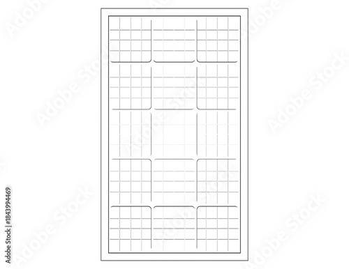 Detailed Outline Vector Blueprint Illustration of Solar Panel Module: Black and White Wireframe Technical Drawing for Sustainable Energy Generation and Green Renewable Power System Diagrams.