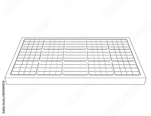 Detailed Outline Vector Blueprint Illustration of Solar Panel Module: Black and White Wireframe Technical Drawing for Sustainable Energy Generation and Green Renewable Power System Diagrams.