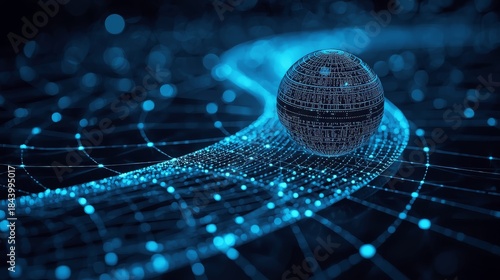 Abstract glowing sphere on a path of light, representing data flow concept