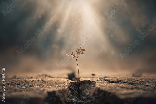 Small plant grows in dry ground under rays of light in a desolate landscape at sunset