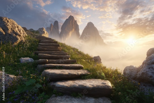 Steps lead up a mountain as the sun rises over rocky peaks and misty valleys in a serene landscape at dawn