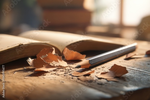 Writing notes with a pencil on a wooden table beside an open book and pencil shavings during daylight hours