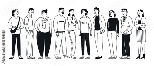 A diverse group of doodle people smiling together. Mixed gender. Happy faces in a group. Teamwork, team building. Vector line illustration
