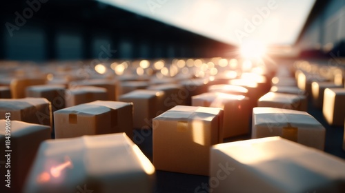 Global Distribution Warehouse with Boxed Electronics in Harsh Daylight, Medium Shot with Glow Highlight and Depth Composition