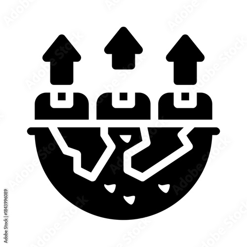 Rising emissions symbolized by cracked earth and arrows. Perfect for illustrating environmental degradation, climate change, pollution, or carbon footprint concepts.

