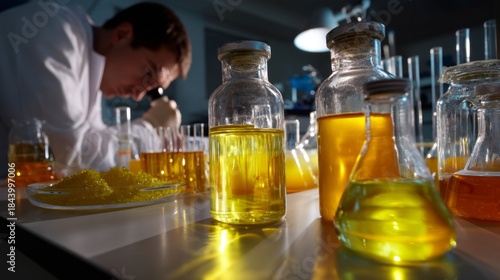 Innovative Chemist Experimenting with Biodegradable Polymers in Modern R&D Lab, Dramatic Low-Angle Shot with Studio Lighting, Close-Up Composition.