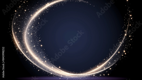 Abstract golden ring and glowing particles on dark background