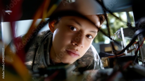 High-Tech Defense Contractor Analyzing Secure Communications Circuit Boards in Natural Light Close-Up Shot