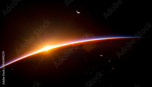 Sunrise over Earths horizon with a crescent moon in the distance.