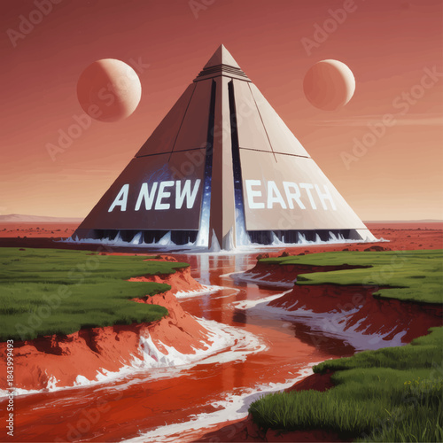 Futuristic pyramid on terraformed alien planet with rivers, green grass, twin moons and sci fi typography A New Earth