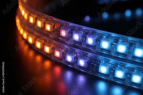 Colorful LED light strip glowing in dark setting with dynamic colors
