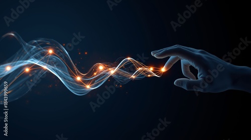 Hand touching abstract technology background with glowing particles and light effect
