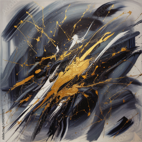 Dynamic gold splash on dark blue abstract painting, expressive modern art background for luxury interior wall decor and branding