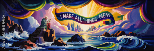 Vibrant prophetic seascape illustration with elder reading scroll, heavenly city, rainbow banner text I MAKE ALL THINGS NEW