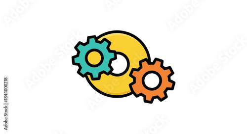 colorful gears and a large yellow disc representing mechanical engineering business processes and technological system development concept.
