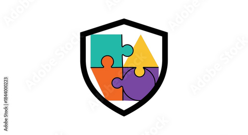 colorful puzzle shield logo depicting teamwork protection and integrated solutions through interlocking pieces ideal for corporate or educational branding.