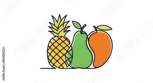 continuous line art of colorful pineapple pear and mango fruits embodying healthy eating and tropical freshness ideal for modern design.