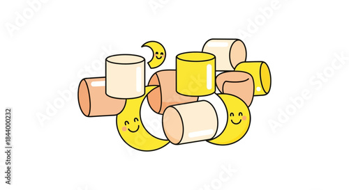 cute cartoon marshmallows and crescent moons with smiling faces playfully stacked on white evoking sweet dreams and happiness for kids.