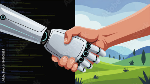 Human handshake with robot arm symbolizing AI partnership and technology cooperation across digital code and natural landscape background