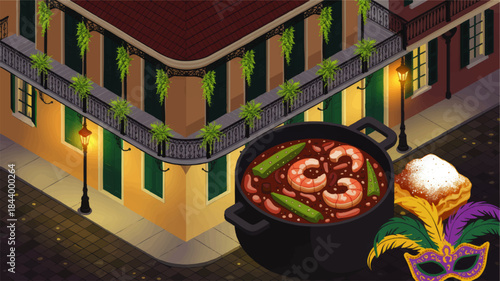 New Orleans Cajun Shrimp Gumbo with Beignets and Mardi Gras Mask in French Quarter Night Street Illustration