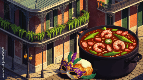 New Orleans French Quarter balcony with Mardi Gras mask and pot of shrimp gumbo, colorful Louisiana Creole food illustration